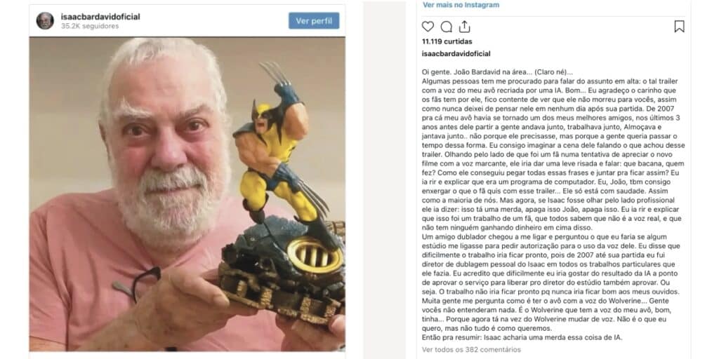 Guilherme Briggs critica o uso de inteligência artificial para recriar a voz de seu avô, Isaac Bardavid, o dublador de Wolverine.